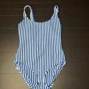 Vintage Lands End Blue White Stripe One Piece Swimsuit Size 14 Made in USA